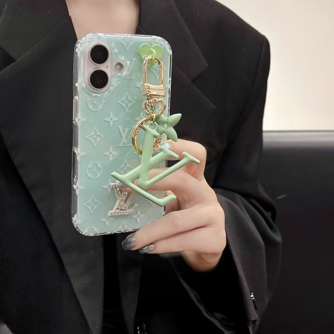 Louis Vuitton-inspired monogram iPhone 16 Pro Max case with hanging charm