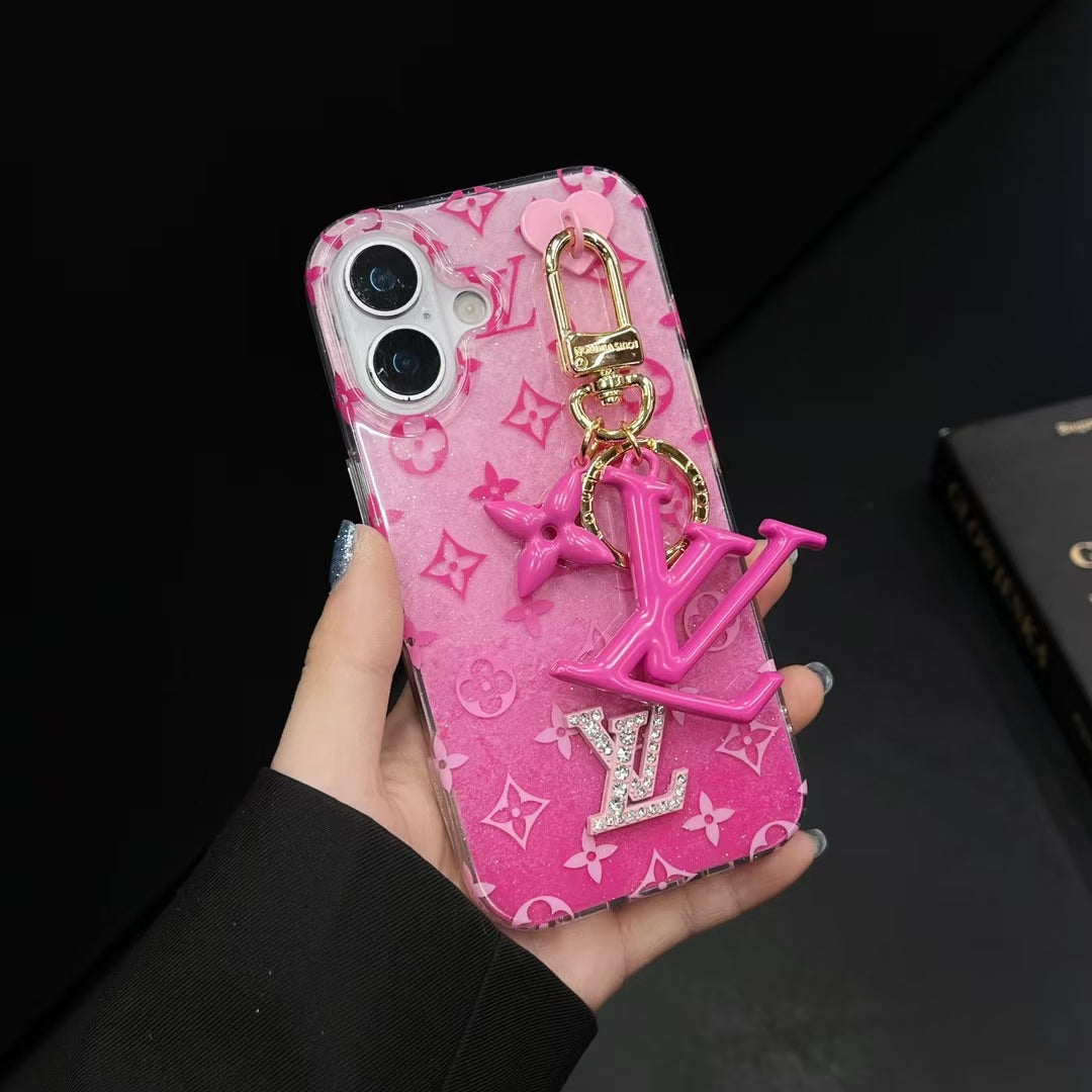 Louis Vuitton-inspired monogram iPhone 16 Pro Max case with hanging charm