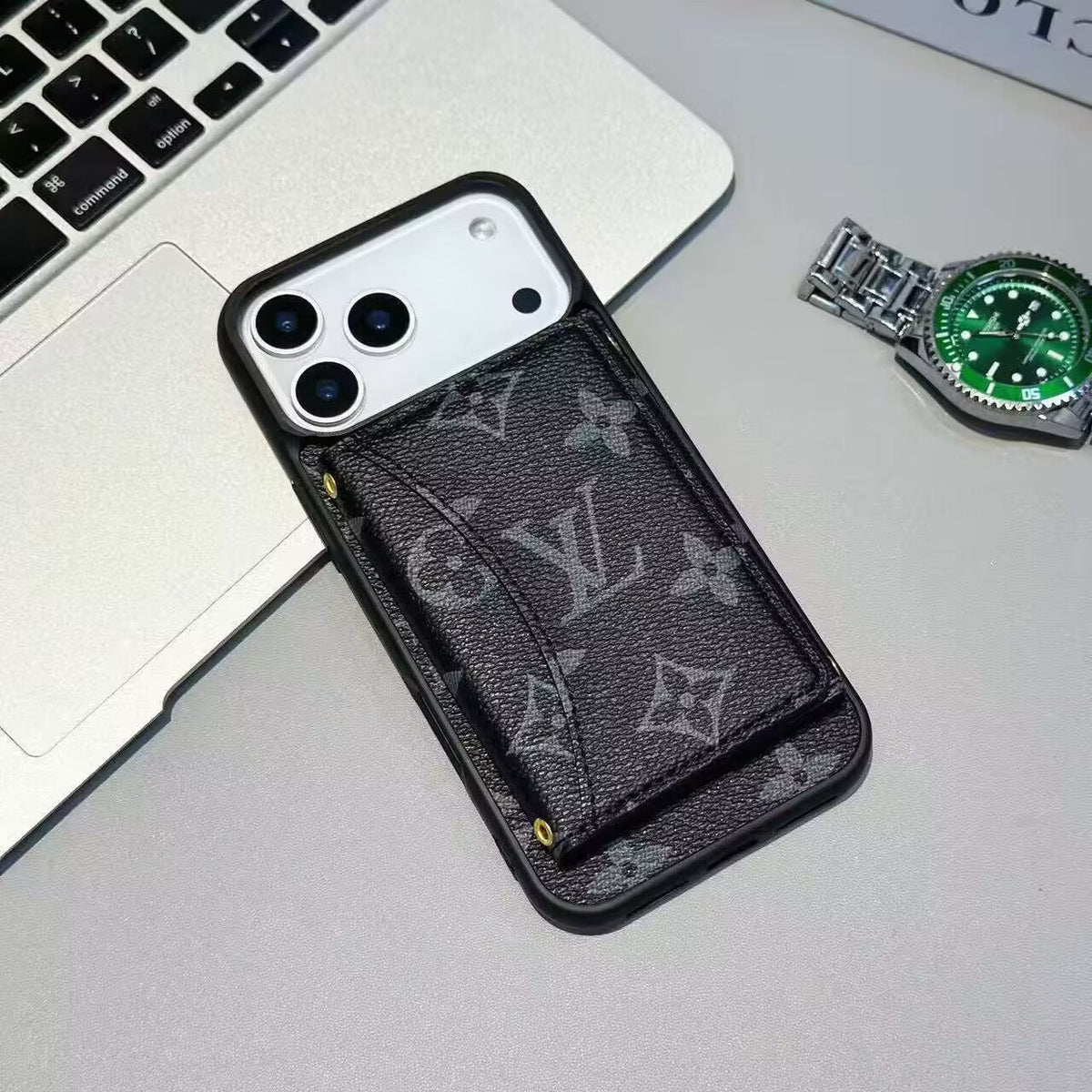 Louis Vuitton-inspired monogram iPhone 17 Pro Max case with card holder