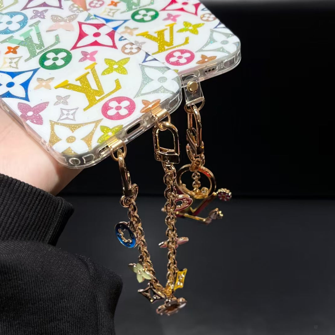 Louis Vuitton-inspired multicolor monogram iPhone 16 Pro Max case with charm strap