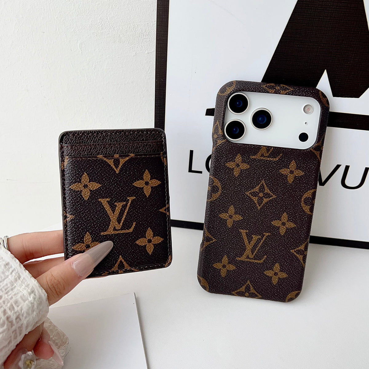 Louis Vuitton-inspired monogram iPhone 17 case with card wallet