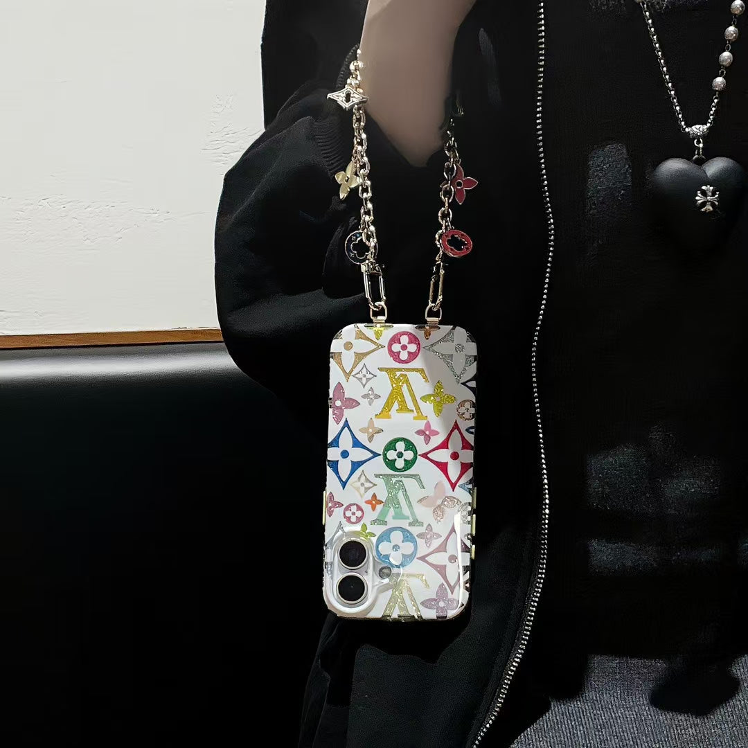 Louis Vuitton-inspired multicolor monogram iPhone 16 Pro Max case with charm strap