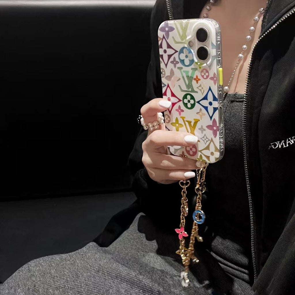 Louis Vuitton-inspired multicolor monogram iPhone 16 Pro Max case with charm strap