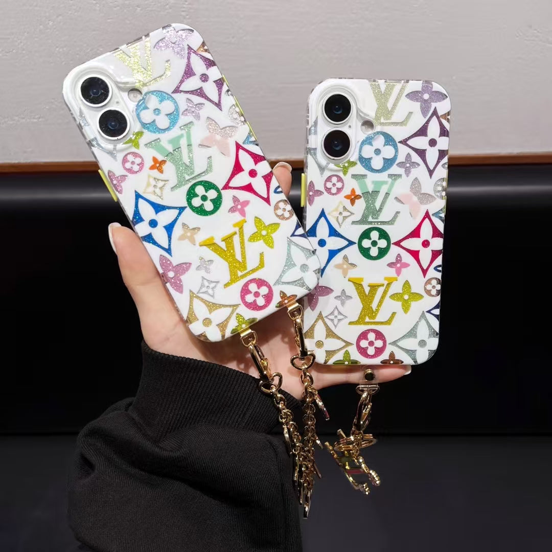 Louis Vuitton-inspired multicolor monogram iPhone 16 Pro Max case with charm strap