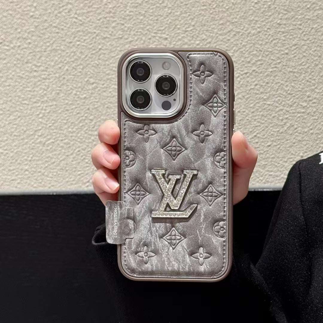 Louis Vuitton-inspired textured iPhone 16 Pro case with raised initials