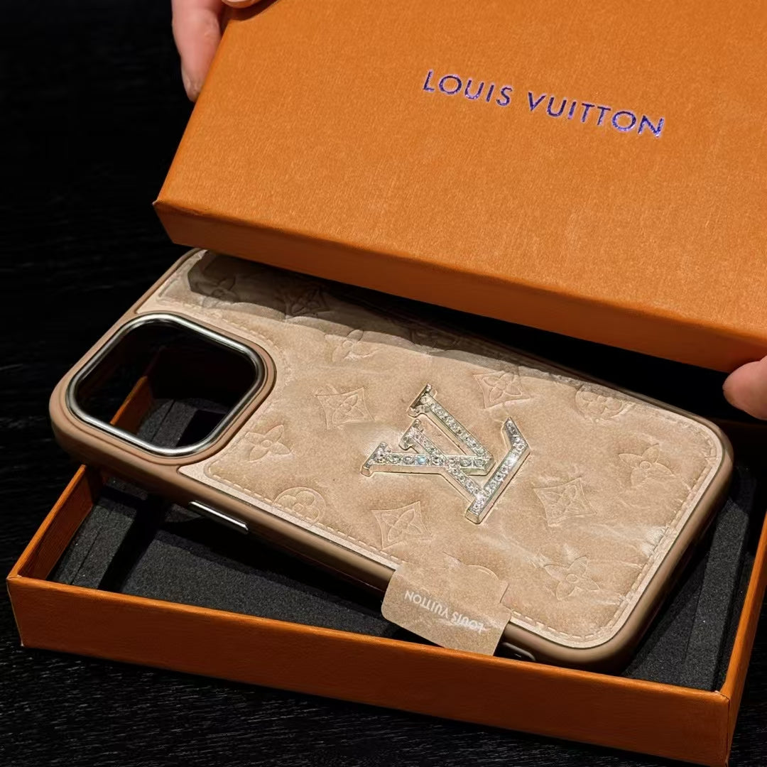 Louis Vuitton-inspired textured iPhone 16 Pro case with raised initials
