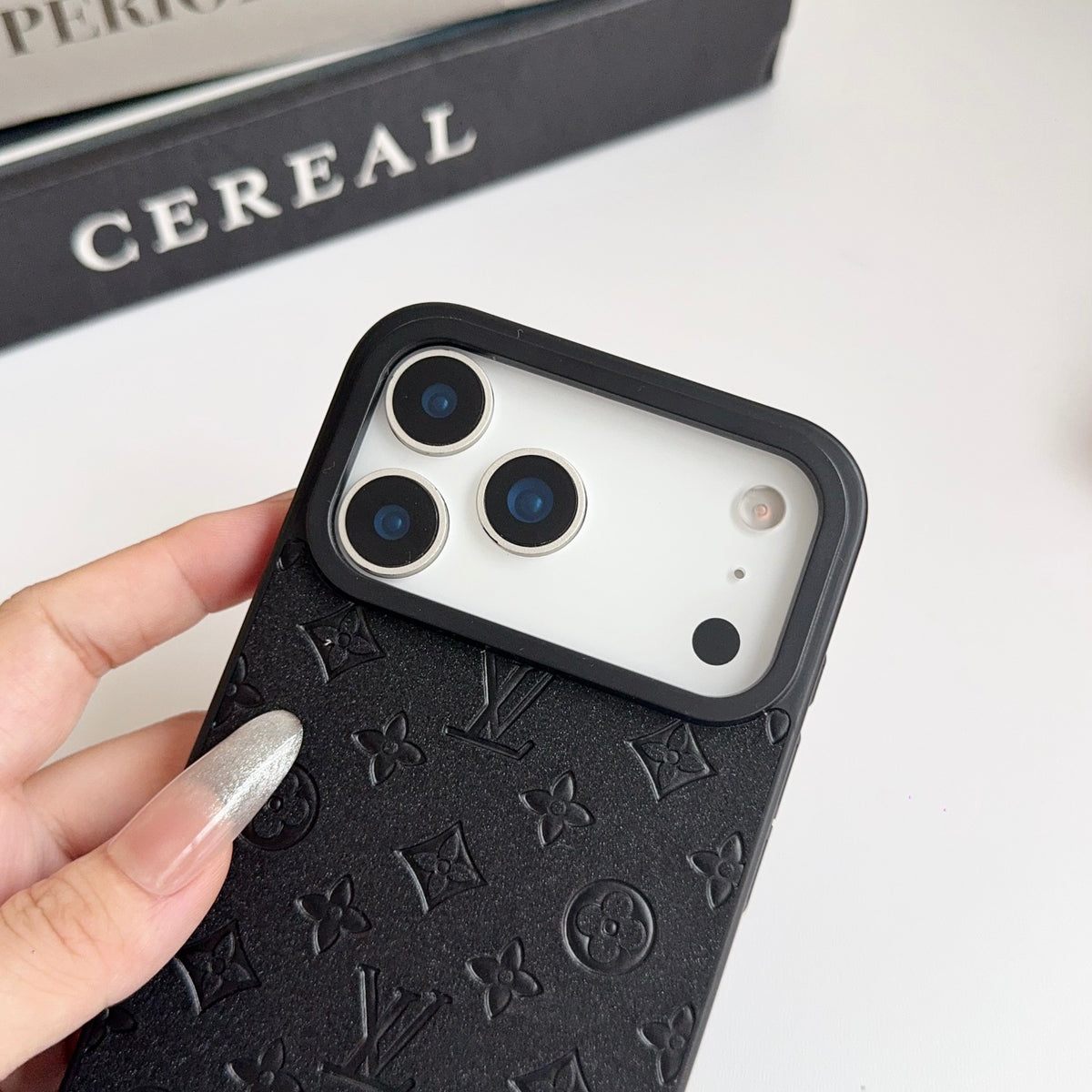 Louis Vuitton-inspired embossed monogram case for iPhone 17 Pro Max