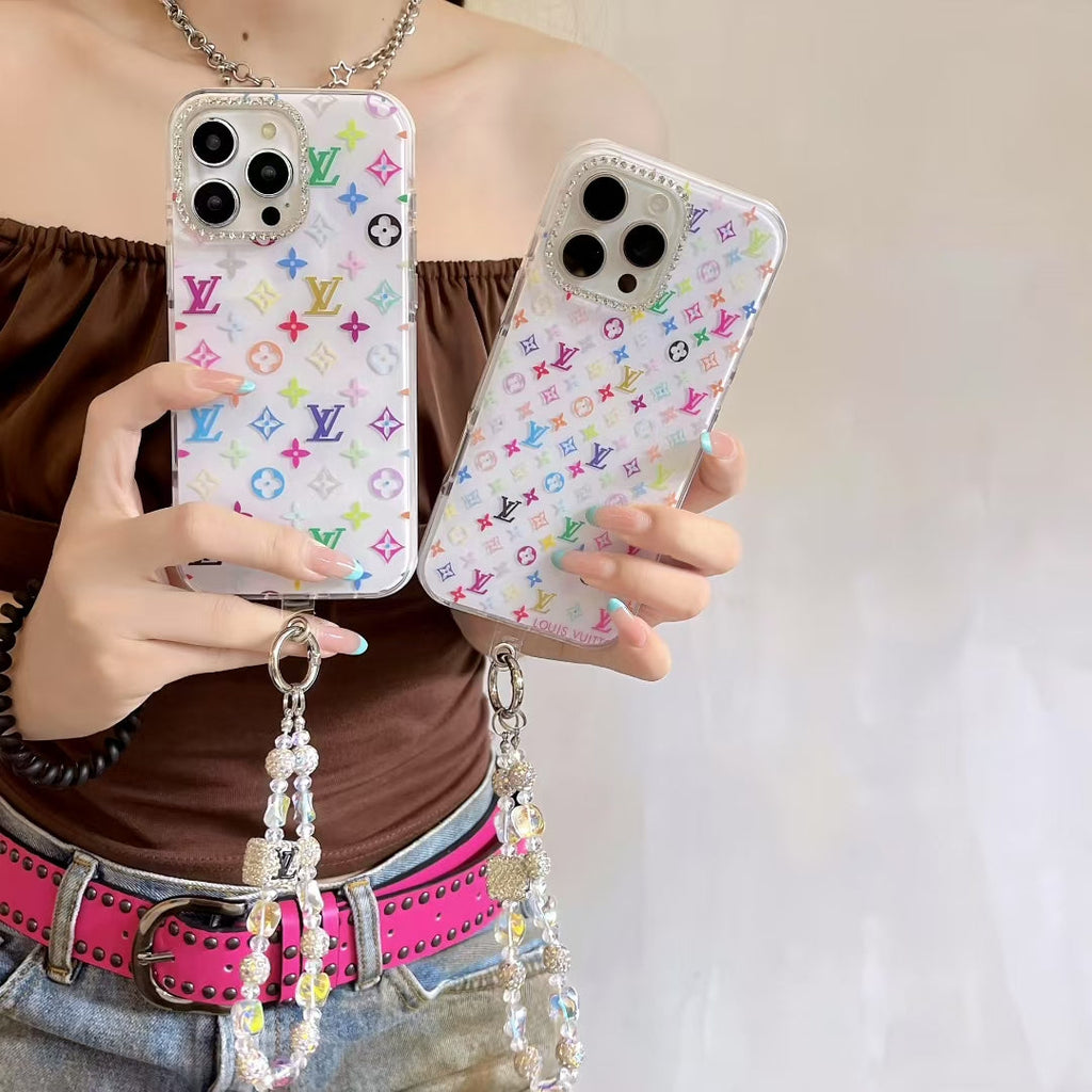 Louis Vuitton-inspired pastel monogram iPhone 16 case with beaded strap