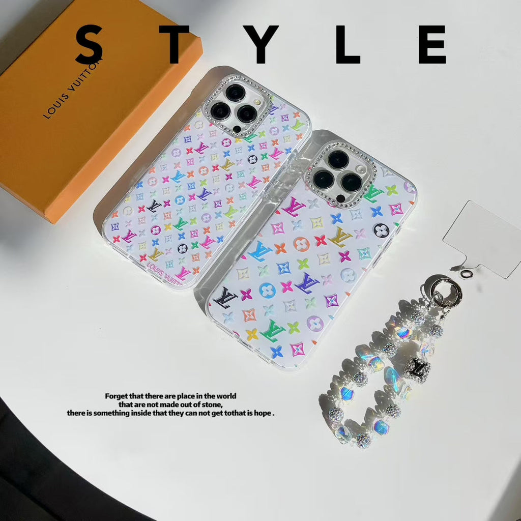 Louis Vuitton-inspired pastel monogram iPhone 16 case with beaded strap