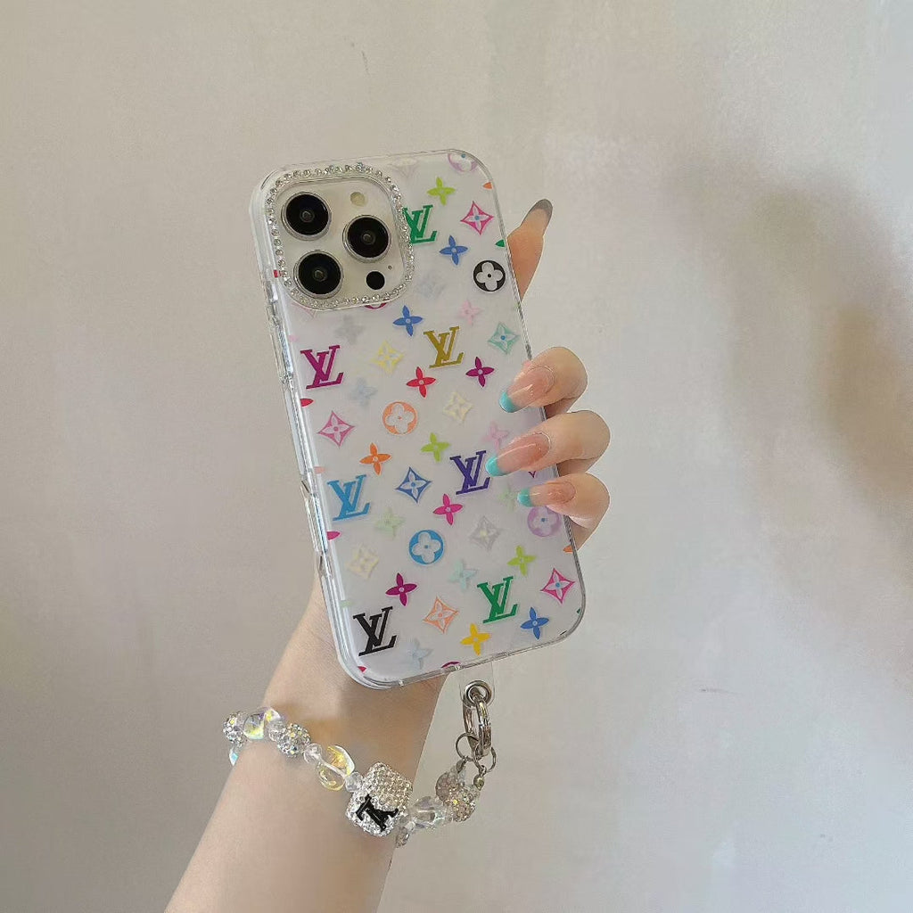 Louis Vuitton-inspired pastel monogram iPhone 16 case with beaded strap