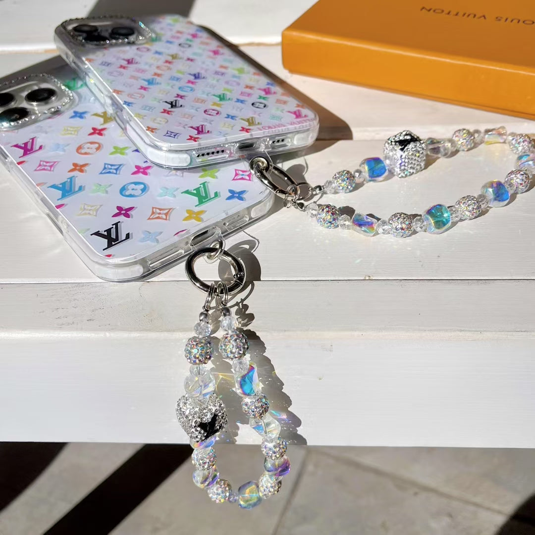 Louis Vuitton-inspired pastel monogram iPhone 16 case with beaded strap