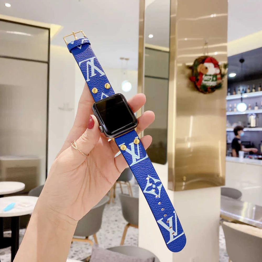 Louis Vuitton-inspired patterned Apple Watch band with decorative hardware
