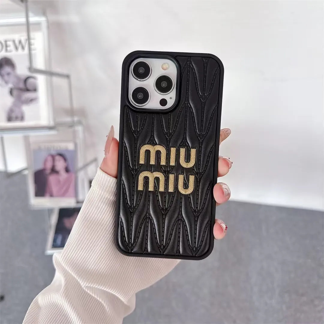 Miu Miu-inspired textured phone case with letter detail, black
