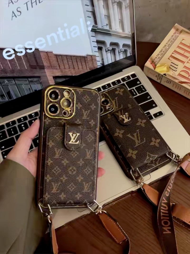 Leather iPhone case with card wallet and strap