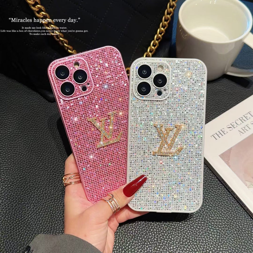 Louis Vuitton-inspired glitter phone case with emblem detail
