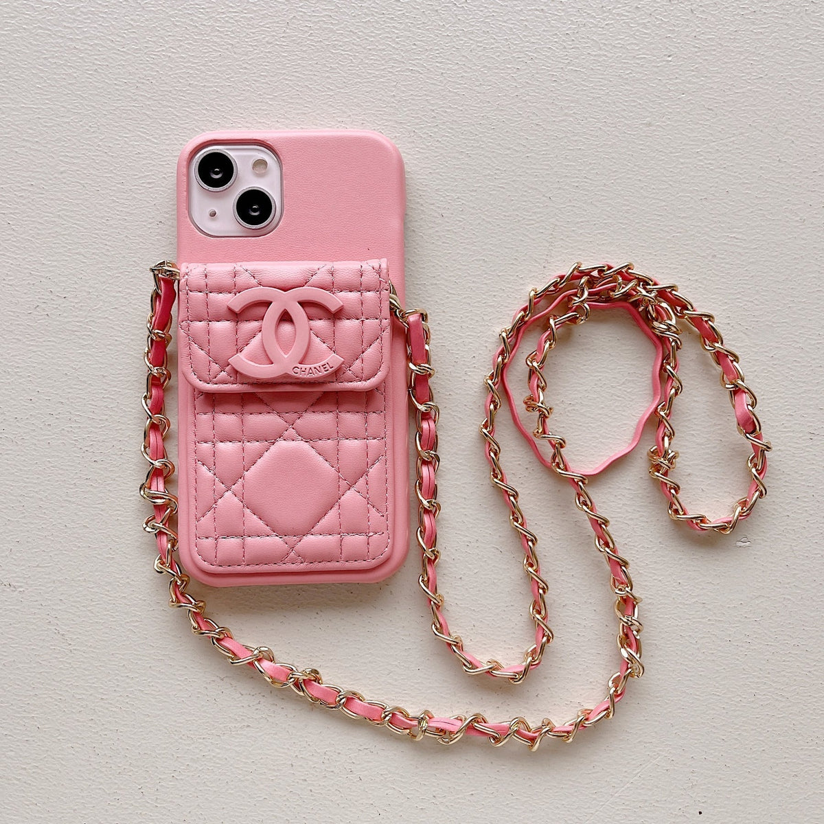 Chanel-inspired quilted phone case with chain strap