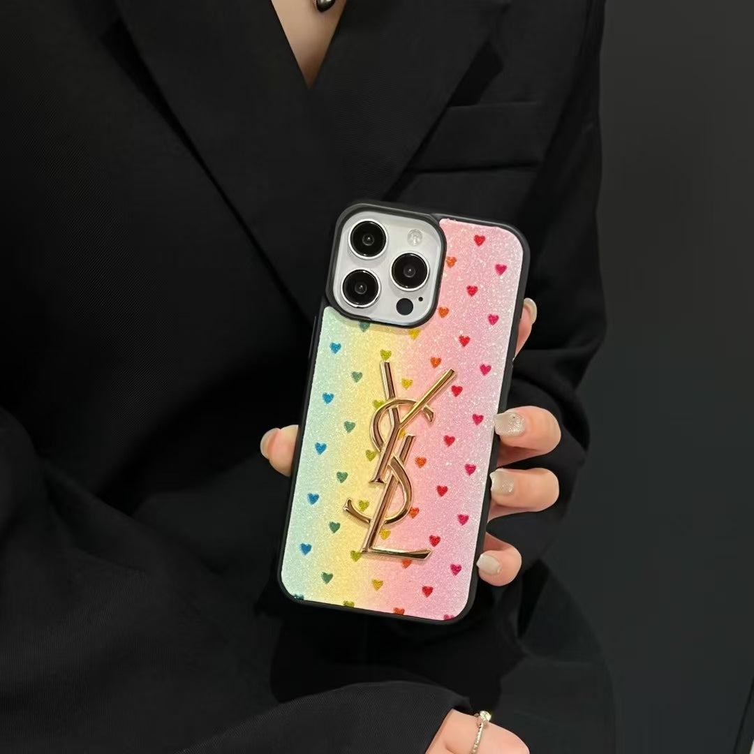 YSL-inspired glitter iPhone case with metal emblem