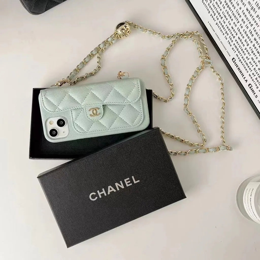 Chanel-inspired quilted crossbody phone case with chain