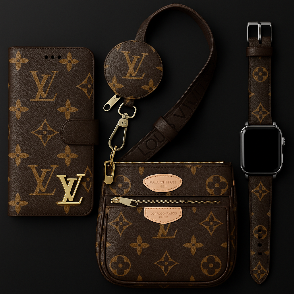 Louis Vuitton-inspired monogram accessory set with bag and watch band