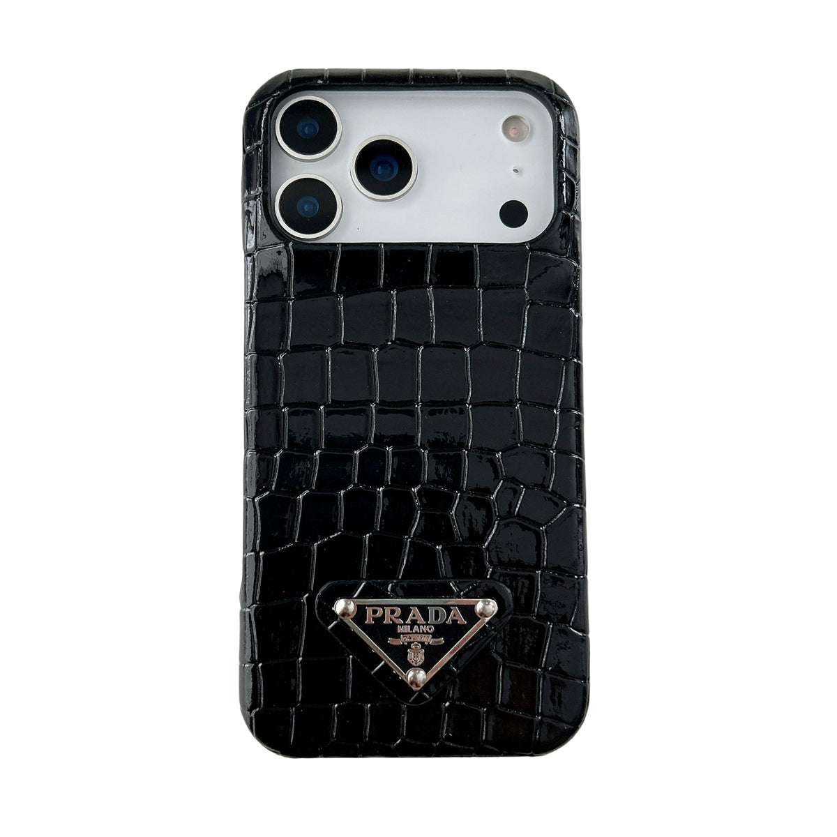 Prada-inspired pastel textured iPhone 17 case with triangle detail