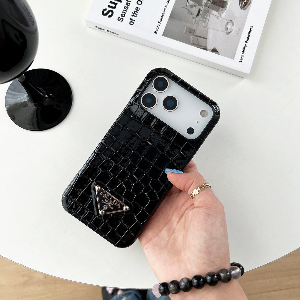 Prada-inspired pastel textured iPhone 17 case with triangle detail