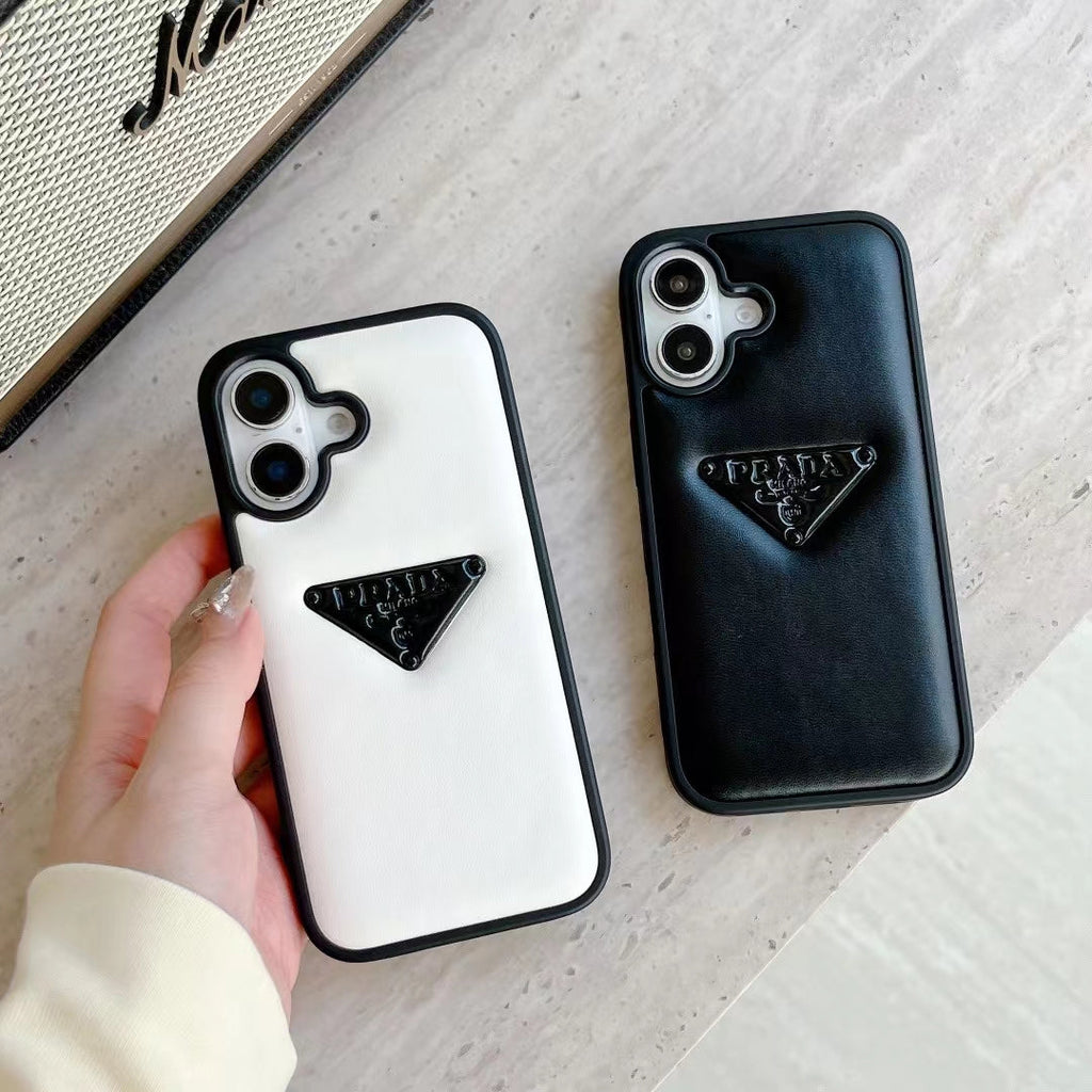 Prada-inspired minimal iPhone 16 Pro case with triangle detail