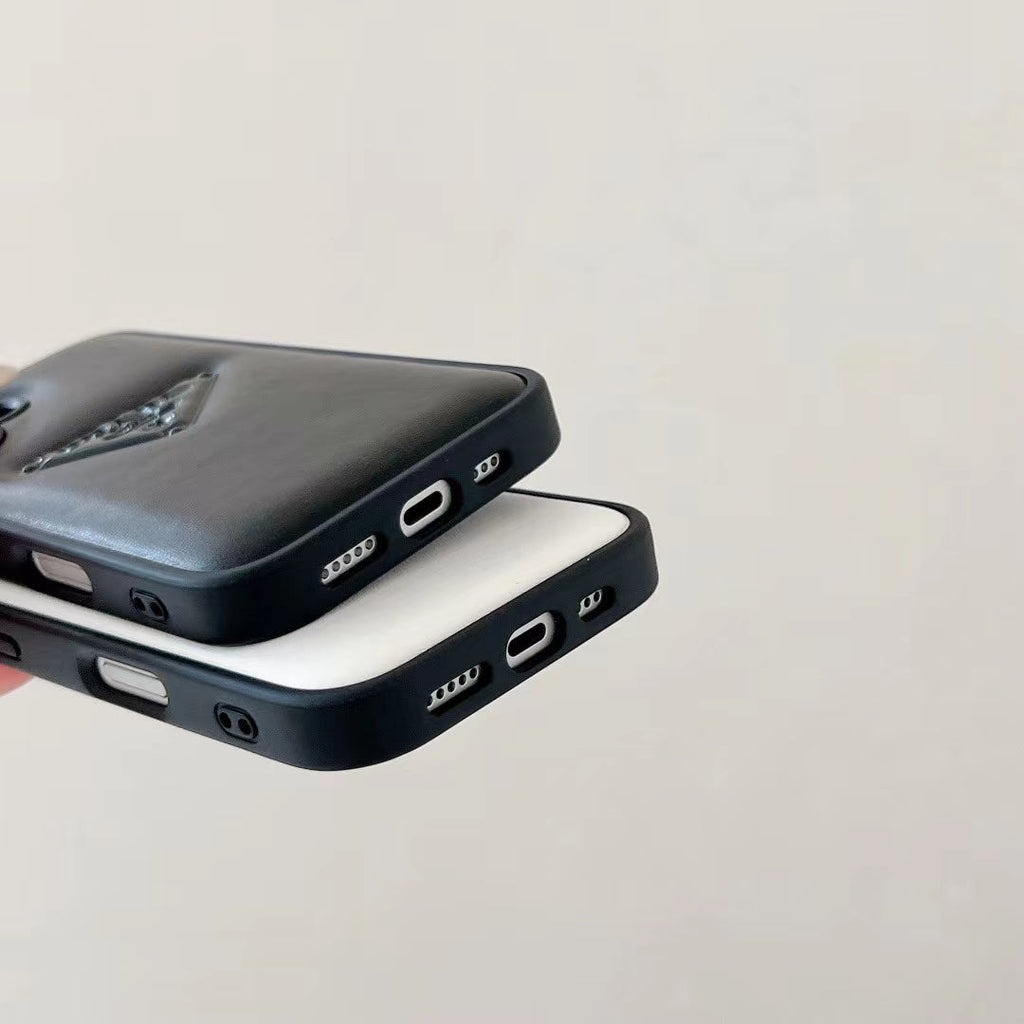 Prada-inspired minimal iPhone 16 Pro case with triangle detail