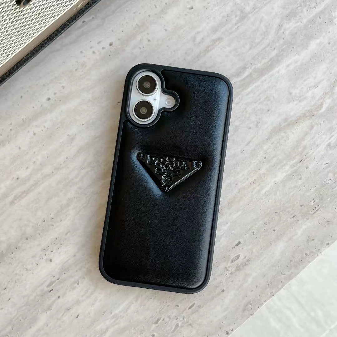 Prada-inspired minimal iPhone 16 Pro case with triangle detail