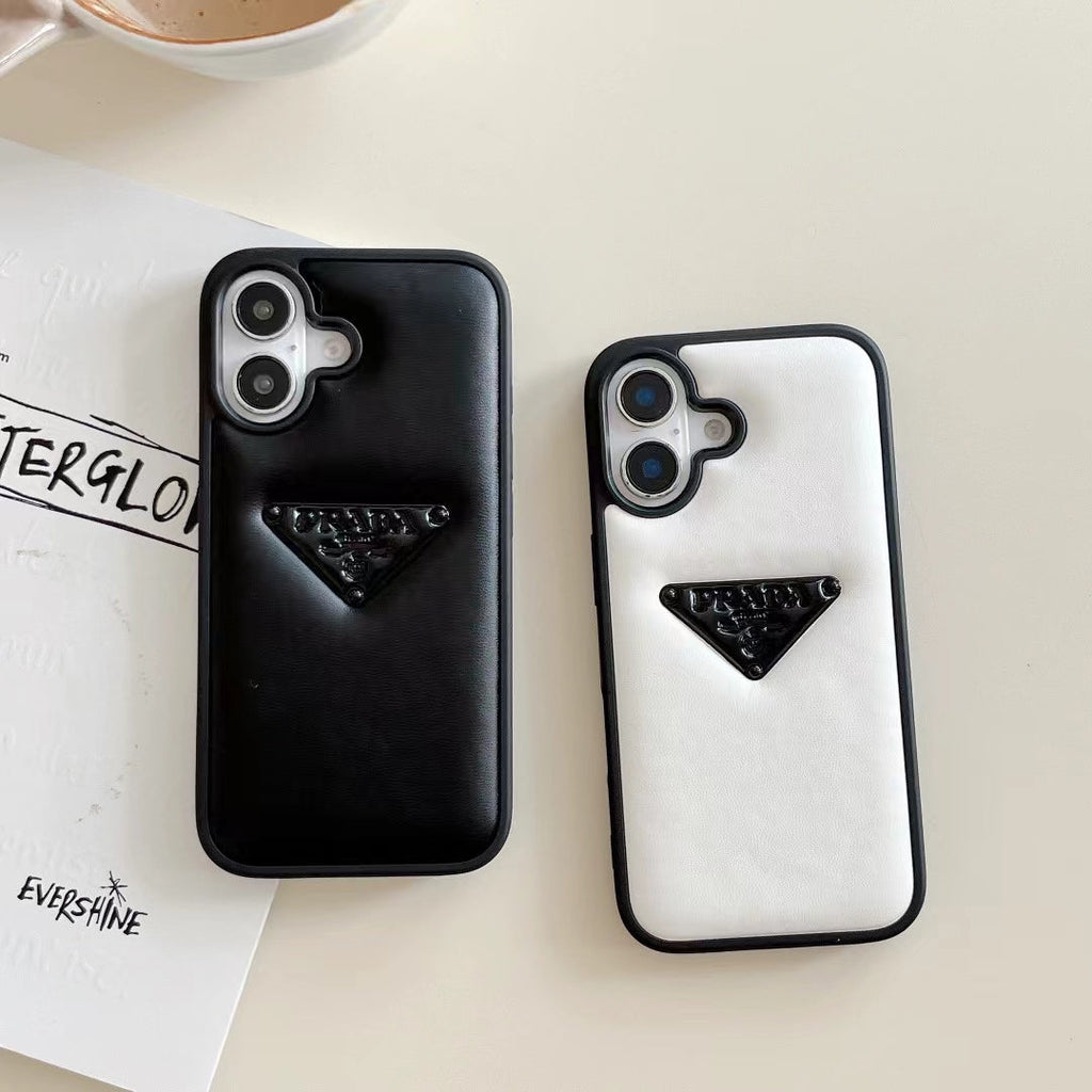 Prada-inspired minimal iPhone 16 Pro case with triangle detail