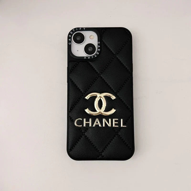 Chanel-inspired geometric iPhone case with metal emblem, black