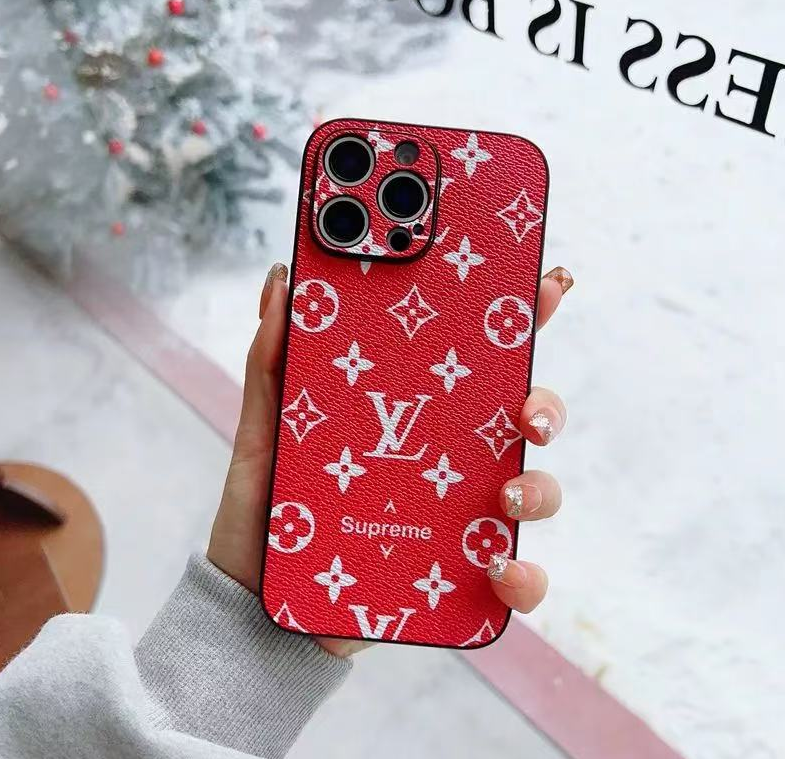 Louis Vuitton-inspired red monogram phone case with lettering