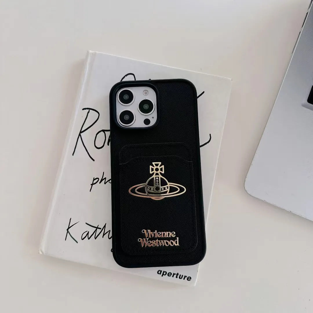 Vivienne Westwood-inspired solid color phone case with orb emblem, black