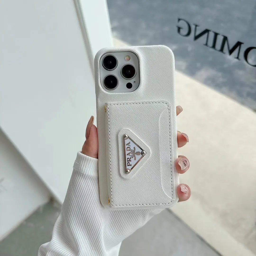 Prada-inspired iPhone 17 Pro Max case with triangle card pocket