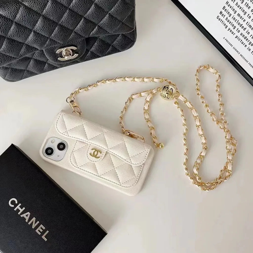 Chanel-inspired quilted crossbody phone case with chain