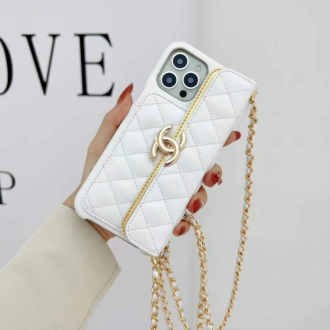 Chanel-inspired phone holder with chain and metal detail