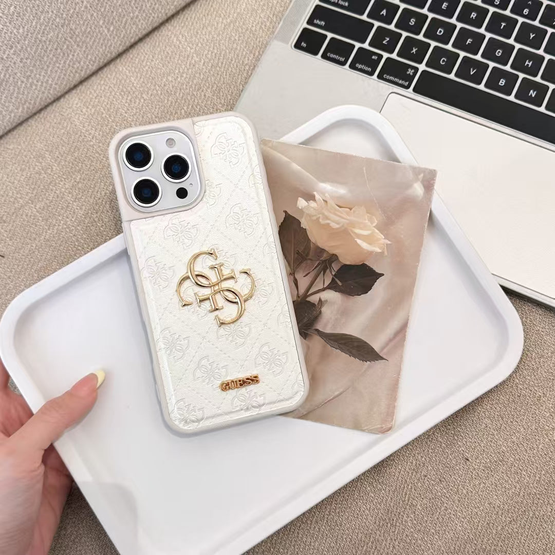 Guess-inspired monogram iPhone case with gold-tone detail