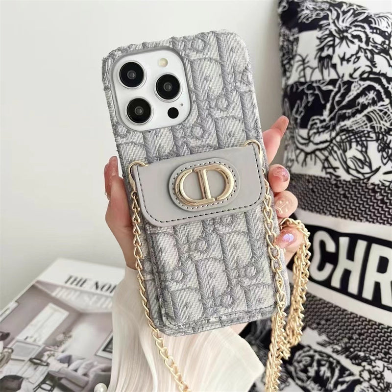 Dior-inspired women's iPhone case with card holder and chain
