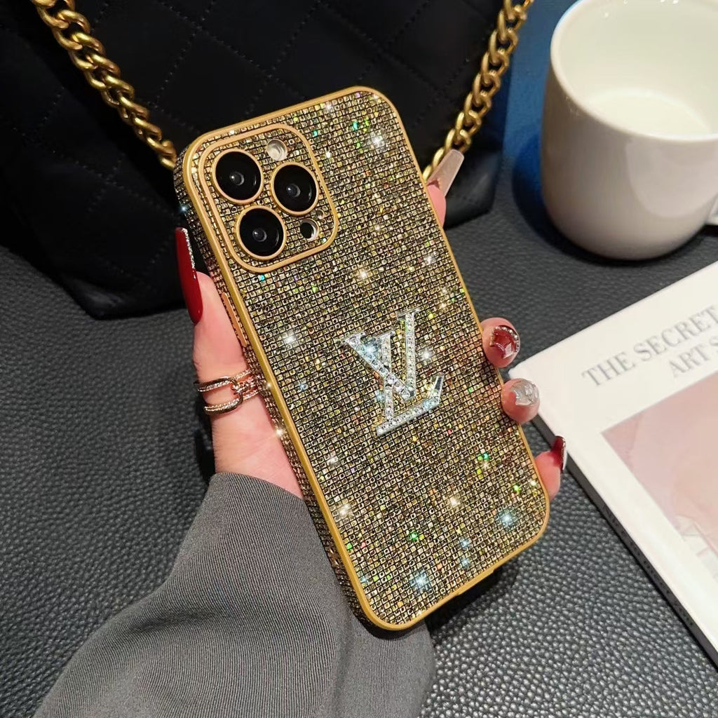 Louis Vuitton-inspired glitter phone case with emblem detail