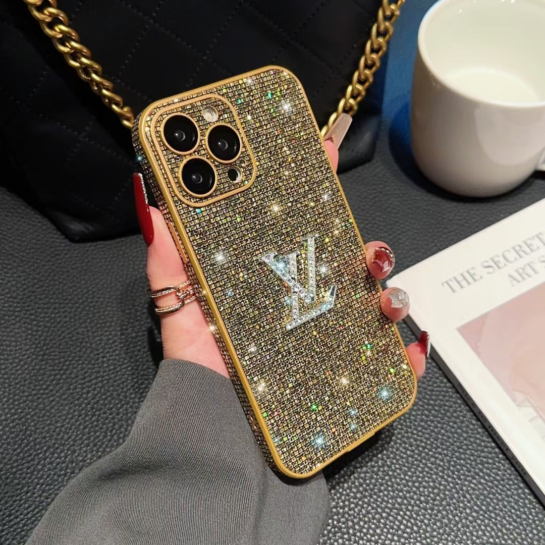 Louis Vuitton-inspired glitter phone case with emblem detail