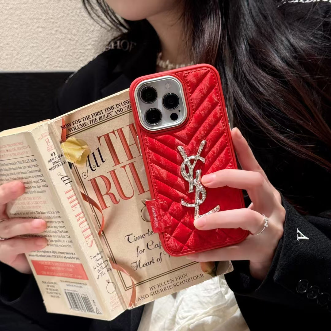 YSL-inspired textured iPhone 16 case with metal emblem