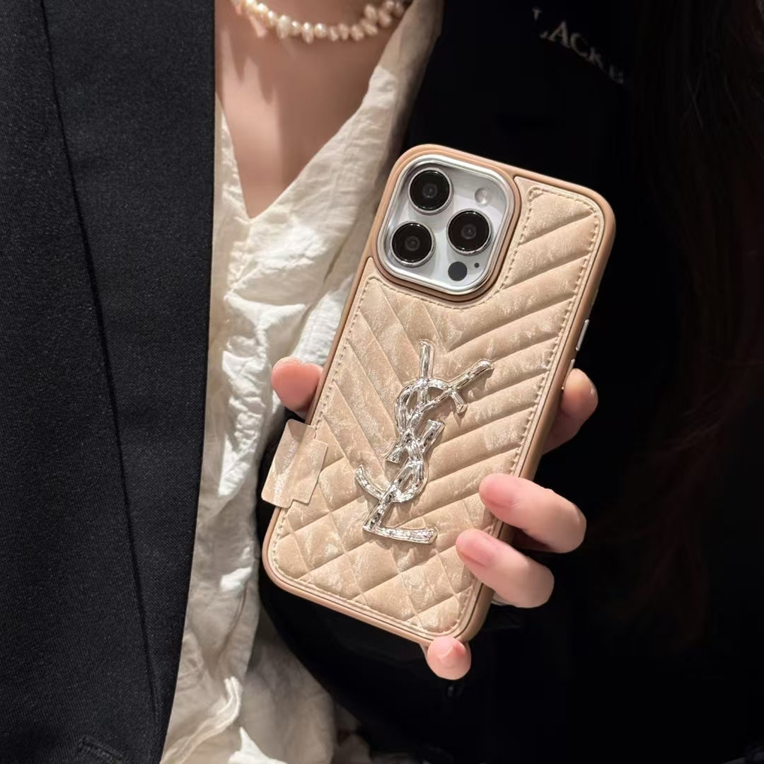 YSL-inspired textured iPhone 16 case with metal emblem