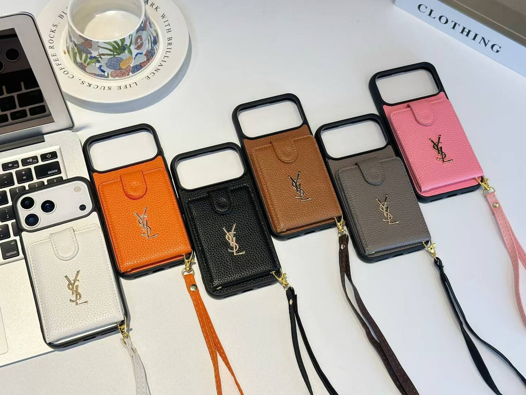 YSL-inspired iPhone 17 Pro case with card pocket and wrist strap