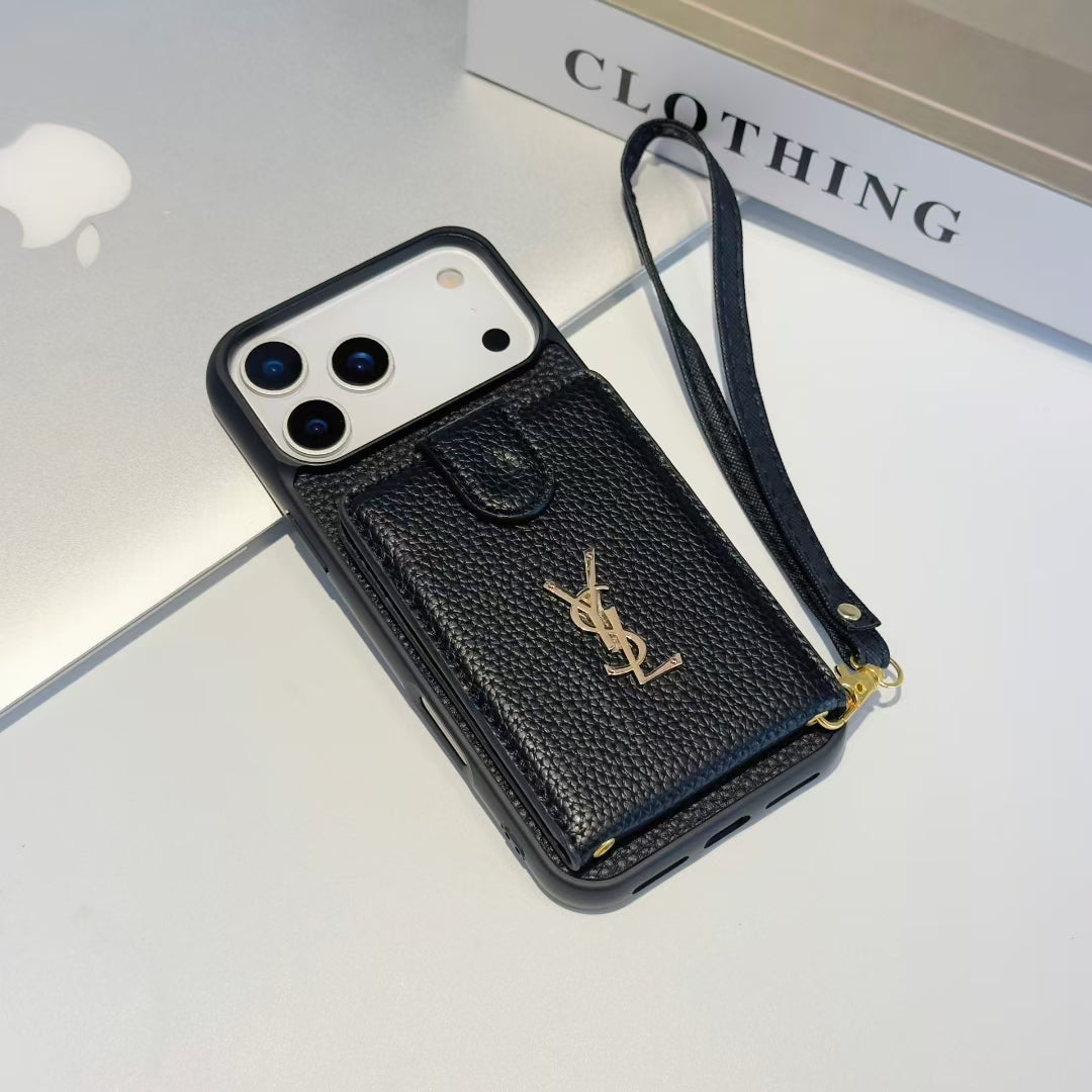 YSL-inspired iPhone 17 Pro case with card pocket and wrist strap