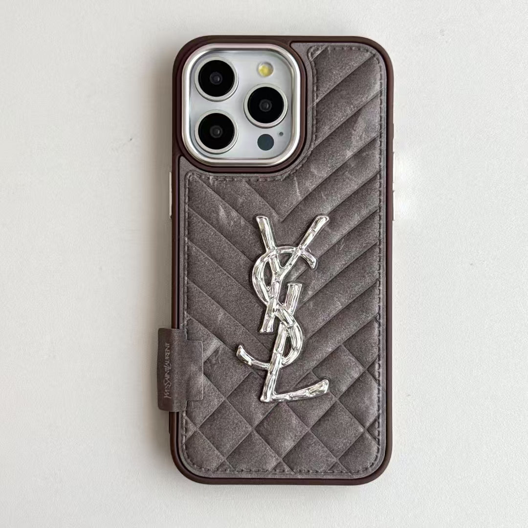 YSL-inspired textured iPhone 16 case with metal emblem
