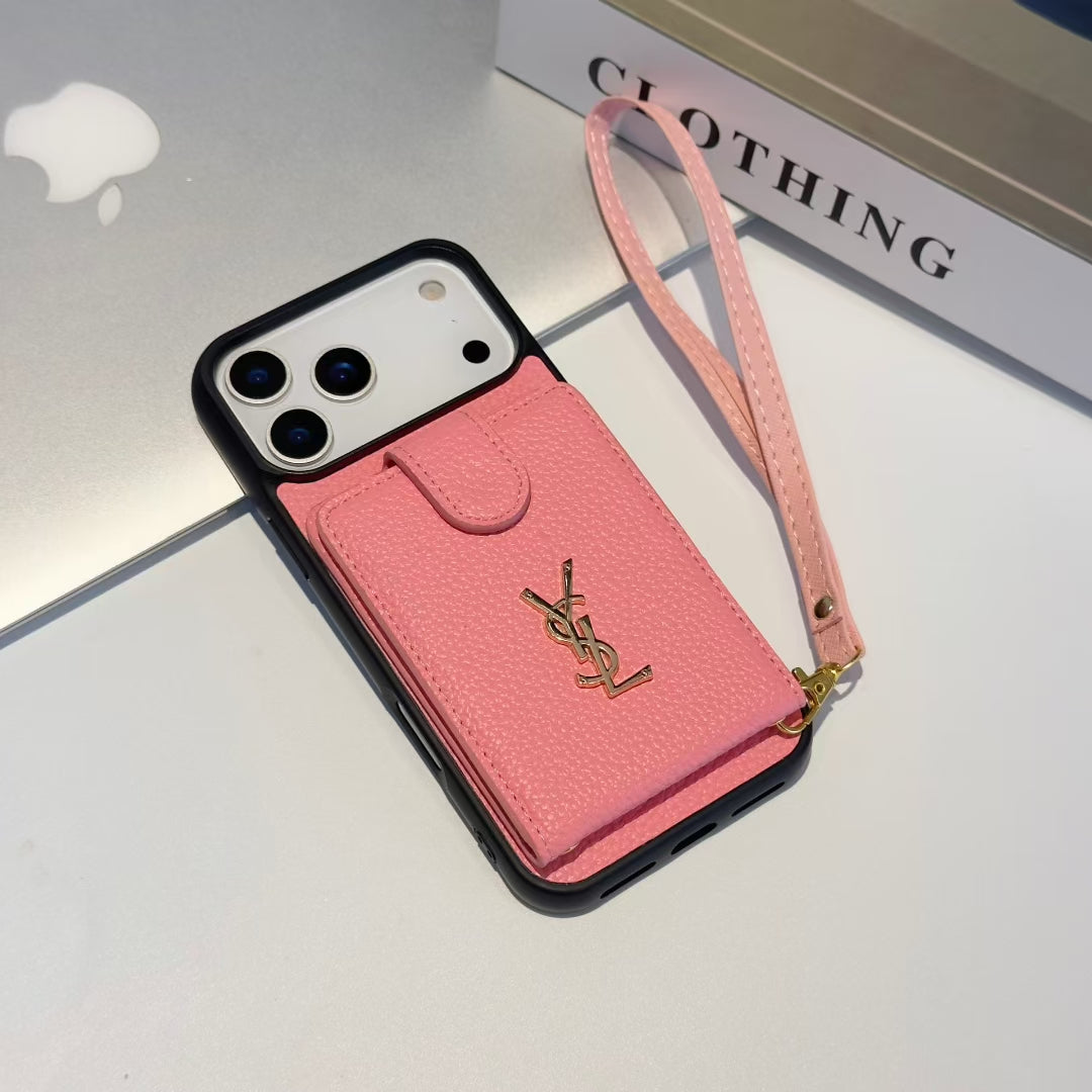YSL-inspired iPhone 17 Pro case with card pocket and wrist strap
