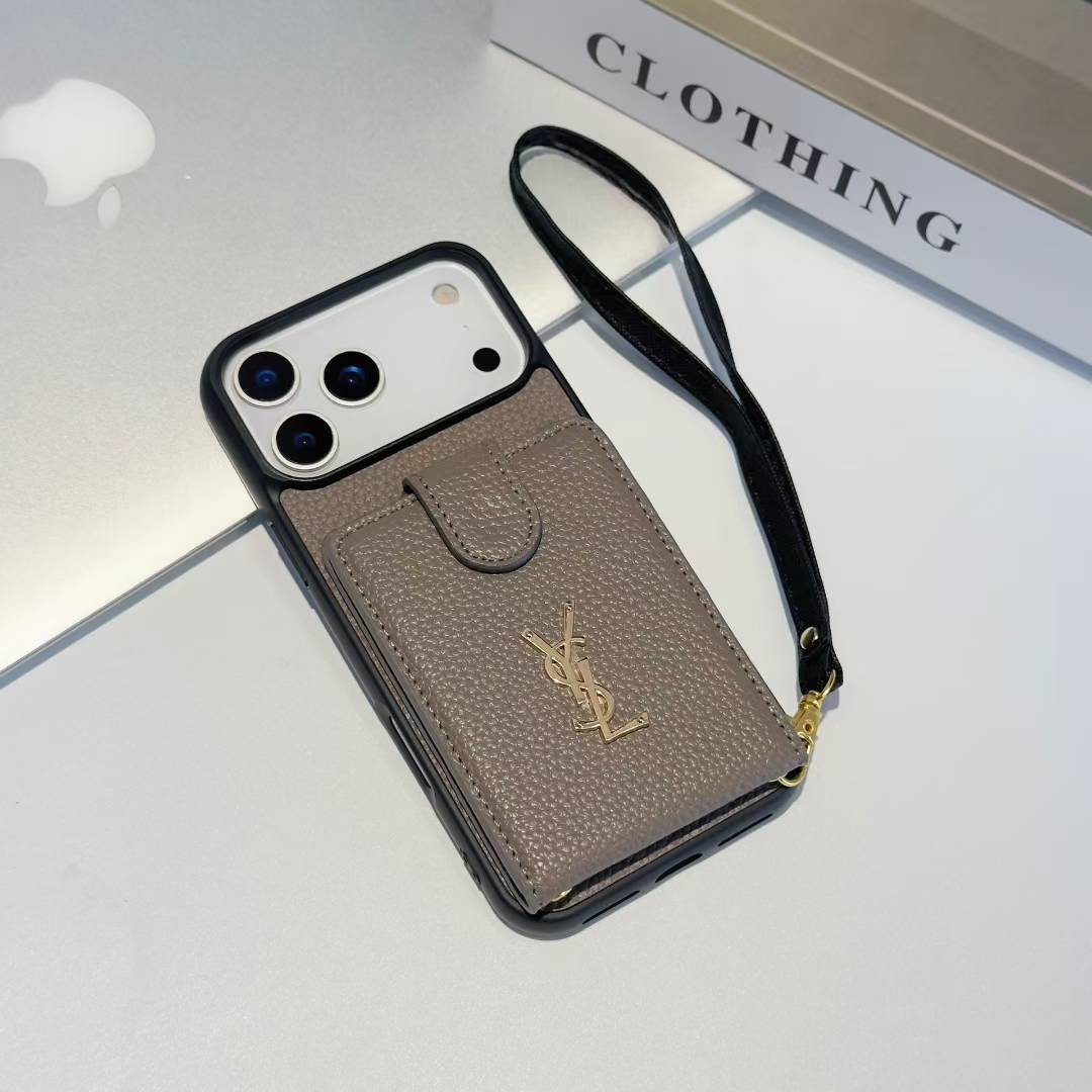 YSL-inspired iPhone 17 Pro case with card pocket and wrist strap