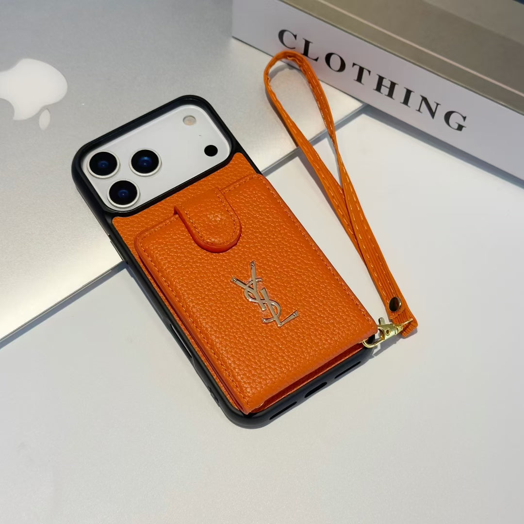 YSL-inspired iPhone 17 Pro case with card pocket and wrist strap