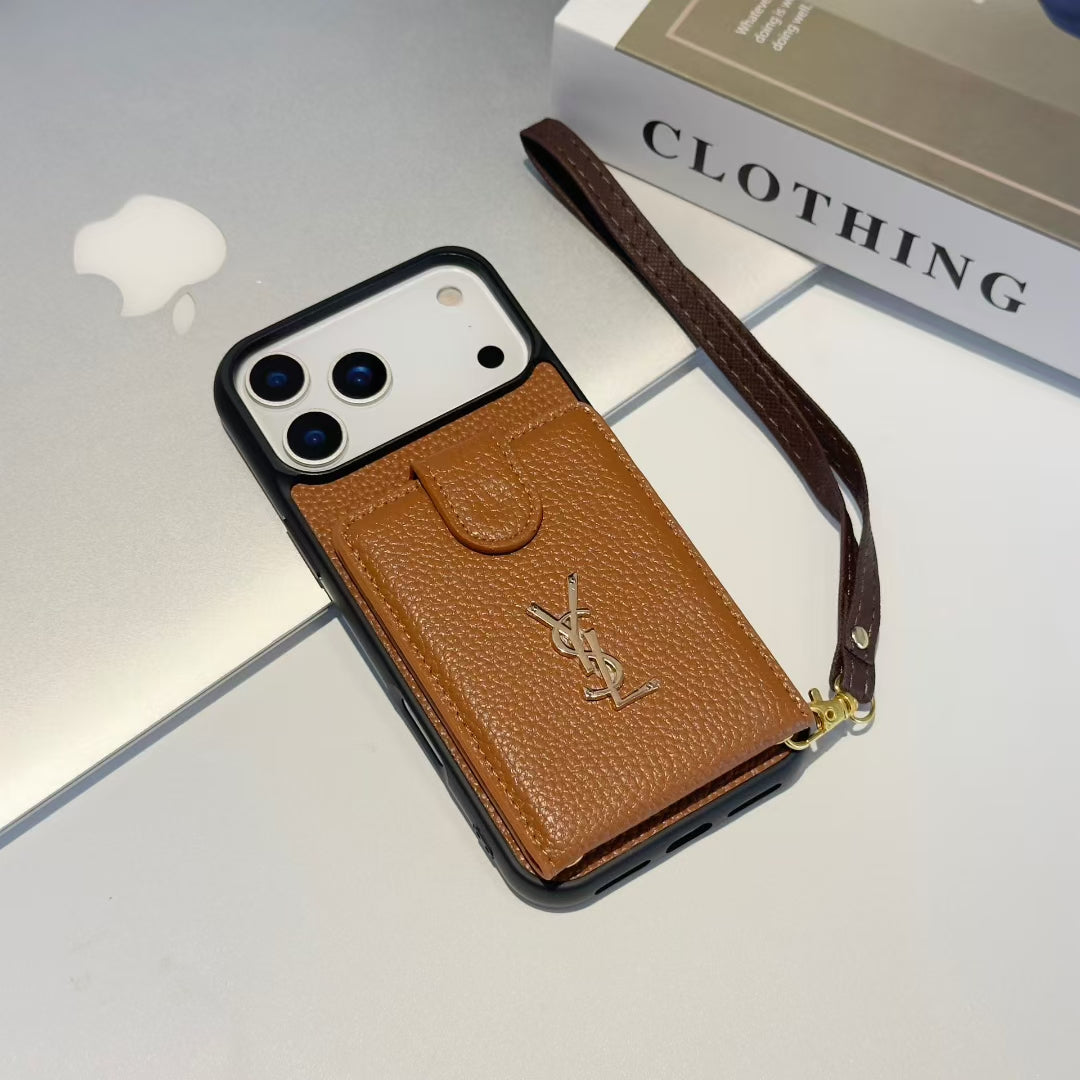YSL-inspired iPhone 17 Pro case with card pocket and wrist strap